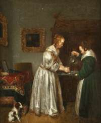GERARD TERBORCH THE YOUNGER (FOLLOWER OF THE 18TH/19TH CENTURY) 1617 Zwolle - 1681 Deventer INTERIOUR SCENE WITH A YOUNG WOMAN WASHING HER HANDS