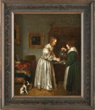 GERARD TERBORCH THE YOUNGER (FOLLOWER OF THE 18TH/19TH CENTURY) 1617 Zwolle - 1681 Deventer INTERIOUR SCENE WITH A YOUNG WOMAN WASHING HER HANDS - Foto 2