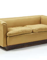Two-seater sofa upholstered and covered in gold-colored silk fabric, wooden base