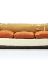 Three-seater sofa upholstered and covered in gold-colored silk fabric, wooden base