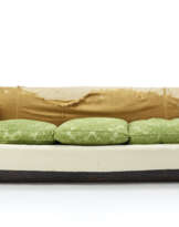 Three-seater sofa upholstered and covered in gold-colored silk fabric, wooden base