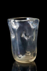 Clear blown glass vase, colorless opalescent and iridescent on the external surface