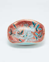 Quadrangular ceramic cup glazed in gray, green and pink, decorated