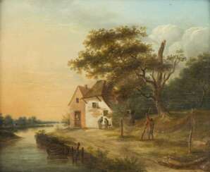 JOHANNES JANSON (ATTR.) 1729 Ambonia (Molukken) - 1784 Leiden FLUSSLANDSCHAFT MIT BAUERNHAUS UND EINEM FISCHER, DER SEIN NETZ FLICKT