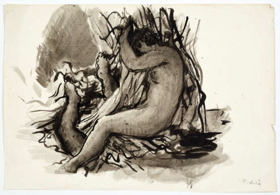 Tomaso Buzzi. Drawing of seated female nude, profile portrait - фото 1