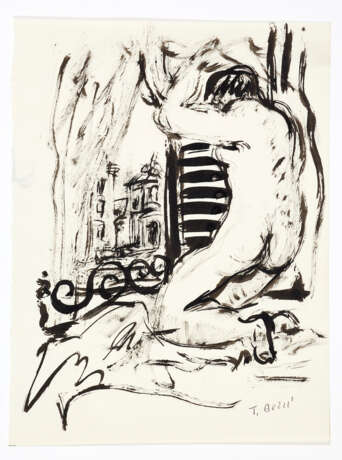 Tomaso Buzzi. Female nude portrait inside a bedroom, looking out the window framing a glimpse of the city - photo 1