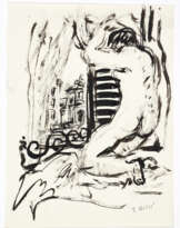 Female nude portrait inside a bedroom, looking out the window framing a glimpse of the city