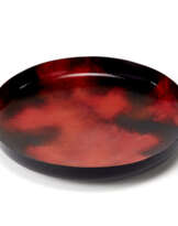 Tray in enamelled copper in shades of red and black