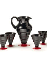 Art Déco drink set consisting of a carafe and six glasses in matt black glass