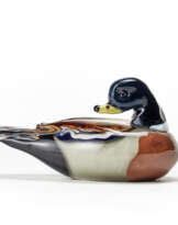 Polychrome glass duck in shades of brown, lattimo, blue and yellow
