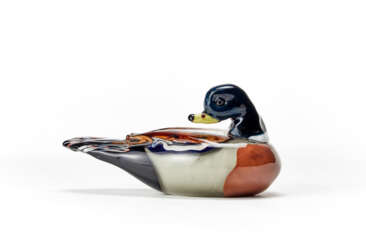 Polychrome glass duck in shades of brown, lattimo, blue and yellow