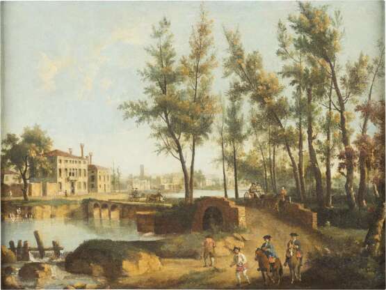 GIOVANNI BATTISTA CIMAROLI (ATTR.) C. 1687 Salò (Gardasee) - C. 1753 Venedig (?) NORDITALIENISCHE FLUSSLANDSCHAFT MIT REISENDEN - фото 1
