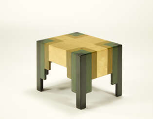 Coffee table in black, light green and gold lacquered wood, parallelepiped structure