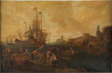 HOLLÄNDISCHER MEISTER Tätig, um 1700 MEDITERRANER HAFEN MIT FIGURENSTAFFAGE