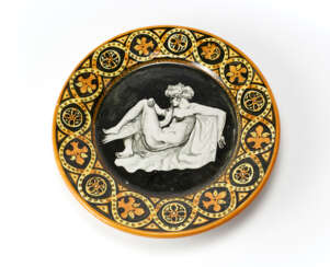 Leda e il cigno | Decorative glazed ceramic plate in shades of black, white, orange yellow