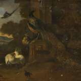 MELCHIOR DE HONDECOETER (IN DER ART DES) 1636 Utrecht - 1695 Amsterdam PFAUEN, HÜHNER UND KÜKEN VOR SÜDLÄNDISCHER LANDSCHAFT - Foto 1