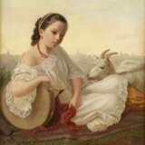 MONOGRAMMIST E.P. Tätig 2. Hälfte 19. Jahrhundert Junges Mädchen mit Tamburin und Ziege - фото 1