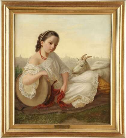 MONOGRAMMIST E.P. Tätig 2. Hälfte 19. Jahrhundert Junges Mädchen mit Tamburin und Ziege - photo 2
