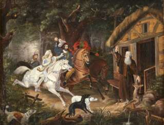 DEUTSCHER SPÄTROMANTIKER Tätig 2. Hälfte 19. Jahrhundert Märchenkönig auf der Jagd, geleitet von Gnade und Hartherzigkeit