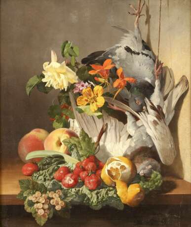 DAVID EMIL JOSEPH DE NOTER 1825 Gent - 1892 Saint Eugène Bologhine  Feines Blumen- und Früchtestillleben mit zwei toten Täubchen - photo 1
