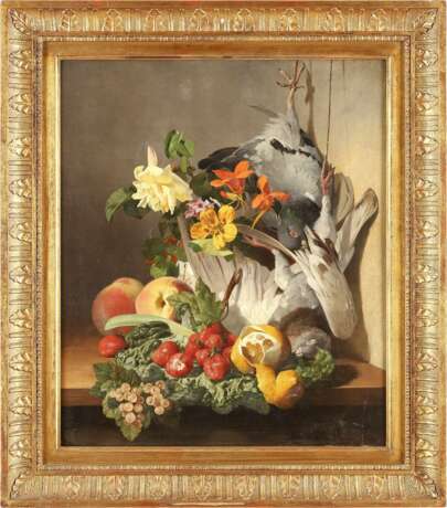 DAVID EMIL JOSEPH DE NOTER 1825 Gent - 1892 Saint Eugène Bologhine  Feines Blumen- und Früchtestillleben mit zwei toten Täubchen - photo 2