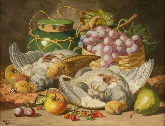 CHARLES THOMAS BALE Tätig 1866-1895. Gemäldepaar: Früchtestillleben mit Trauben, Honigtopf (1) und toten Tauben (2) - Foto 1