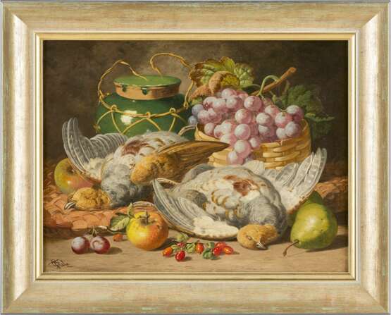 CHARLES THOMAS BALE Tätig 1866-1895. Gemäldepaar: Früchtestillleben mit Trauben, Honigtopf (1) und toten Tauben (2) - Foto 2