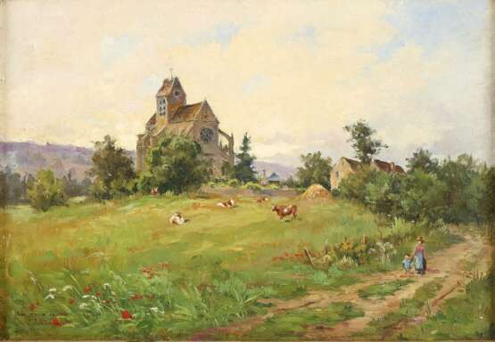 LOUIS AUGUSTE LAINÉ 1868 Triel - ? (tätig in Frankreich) Dorflandschaft mit kleiner Kathedrale - Foto 1