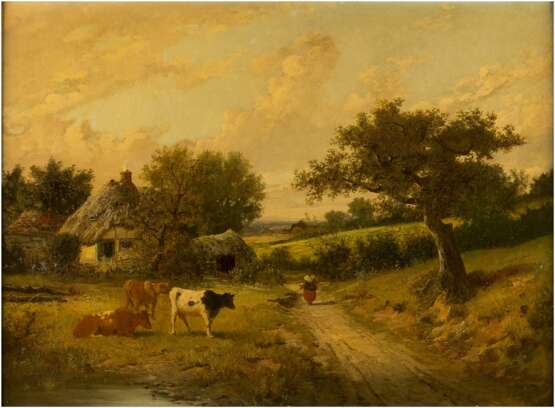 FREDERICK WILLIAM HAYES 1848 Liverpool - 1918 London Englische Landschaft mit Cottage und Herde - photo 1
