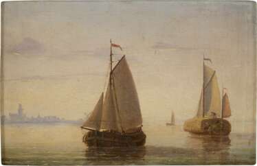 JACOBUS VAN GORKUM JUN 1827 - 1880  Segelboote vor der Kulisse einer holländischen Stadt