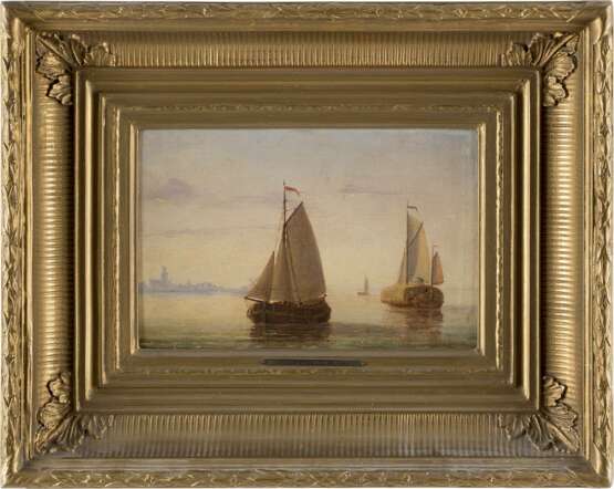 JACOBUS VAN GORKUM JUN 1827 - 1880 Segelboote vor der Kulisse einer holländischen Stadt - Foto 2