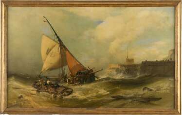 CHARLES HOGUET 1821 Berlin - 1870 ebenda Anlandende Boote bei stürmischer See vor einer Mole