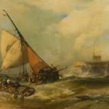 CHARLES HOGUET 1821 Berlin - 1870 ebenda Anlandende Boote bei stürmischer See vor einer Mole - фото 2