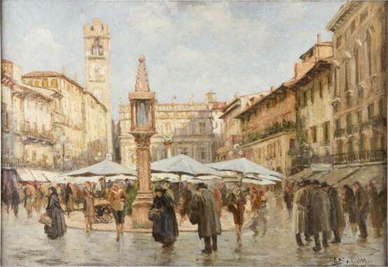 REMIGIO SCHMITZER 1880 - 1963 Piazza della Erbe (Verona) - Foto 1