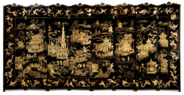 A CHINESE BLACK AND GILT LACQUER EIGHT-FOLD SCREEN