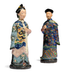 A PAIR OF CHINESE EXPORT PAINTED CLAY NODDING-HEAD FIGURES O...