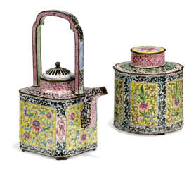 A CHINESE PAINTED ENAMEL TEAPOT AND COVER AND TEA CADDY AND ...
