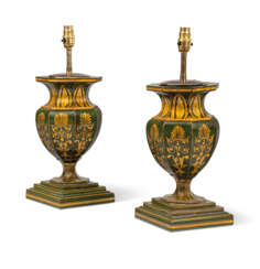 A PAIR OF REGENCY GREEN AND GILT-PAINTED TOLE OCTAGONAL BALU...