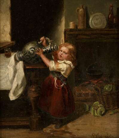 RUDOLF OPPENHEIM Tätig 2. H. 19. Jahrhundert Das Malheur - Kleines Mädchen mit schwerem Weinkrug in der Küche - photo 1