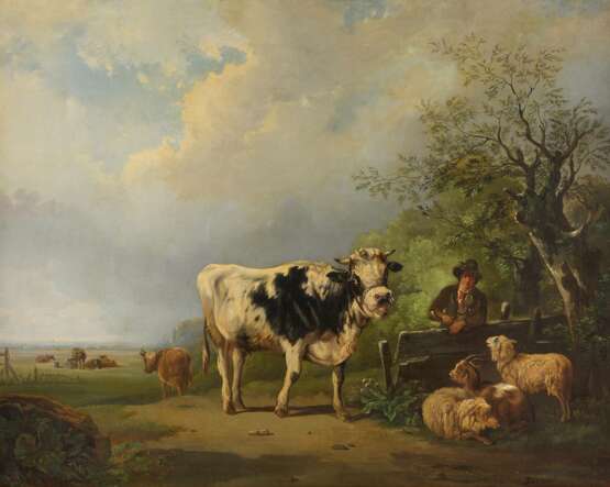 BIRONI Tätig 2. Hälfte 19. Jahrhundert Hirte mit Schafen, Kuh und Ziege - photo 1