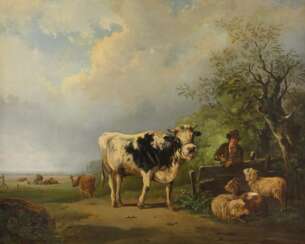 BIRONI Tätig 2. Hälfte 19. Jahrhundert Hirte mit Schafen, Kuh und Ziege