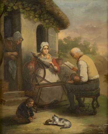 DEUTSCHER GENREMALER Tätig Mitte 19. Jahrhundert Familie beim Flachsspinnen - фото 1