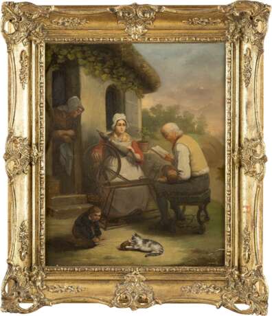 DEUTSCHER GENREMALER Tätig Mitte 19. Jahrhundert Familie beim Flachsspinnen - photo 2