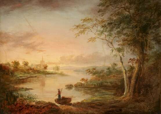 J. SICKERT Tätig 2. Hälfte 19. Jahrhundert Romantische Flusslandschaft im Morgenrot - Foto 1