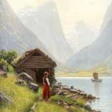 HANS DAHL 1849 Granvin - 1937 Sogn Junges Mädchen am Ufer eines sommerlichen Fjords - Foto 1