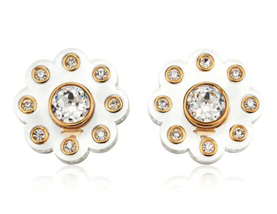 UNSIGNED CHANEL LUCITE AND RHINESTONE EARRINGS - photo 1