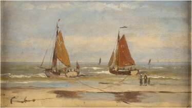 KONVOLUT ZWEIER GEMÄLDE: (1) JULIUS HINTZ (C. 1805-1862); (2) GERARD KOECKOEK (ATTR.) (1871-1956) Dampfschiff am Strand (1); Zwei Segelboote (2)