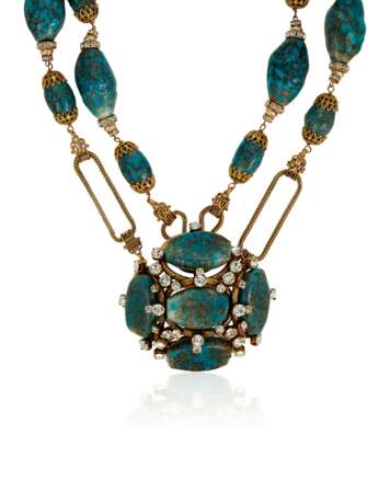 CHANEL FAUX TURQUOISE AND RHINESTONE NECKLACE AND PENDANT BROOCH - Foto 1