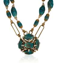 CHANEL FAUX TURQUOISE AND RHINESTONE NECKLACE AND PENDANT BROOCH