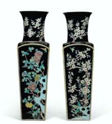 A PAIR OF FAMILLE NOIRE QUADRANGULAR VASES